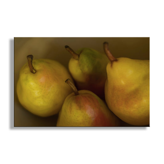 Four yellow pears with brown stems on a white background. Pear Fruit Picture | Still Life Wall Art for Home | Food Photography