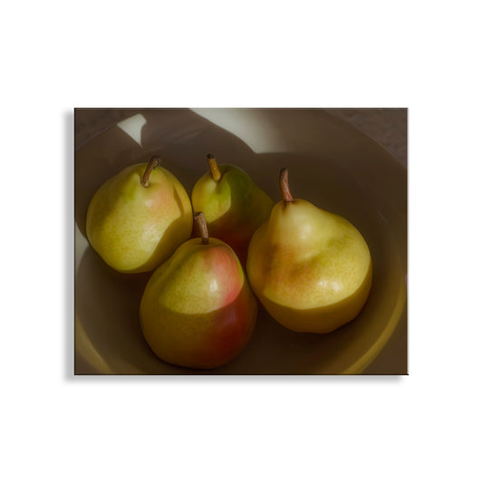 Four pears on a reflective surface with a white background.  Still Life Art Photography with Fruit