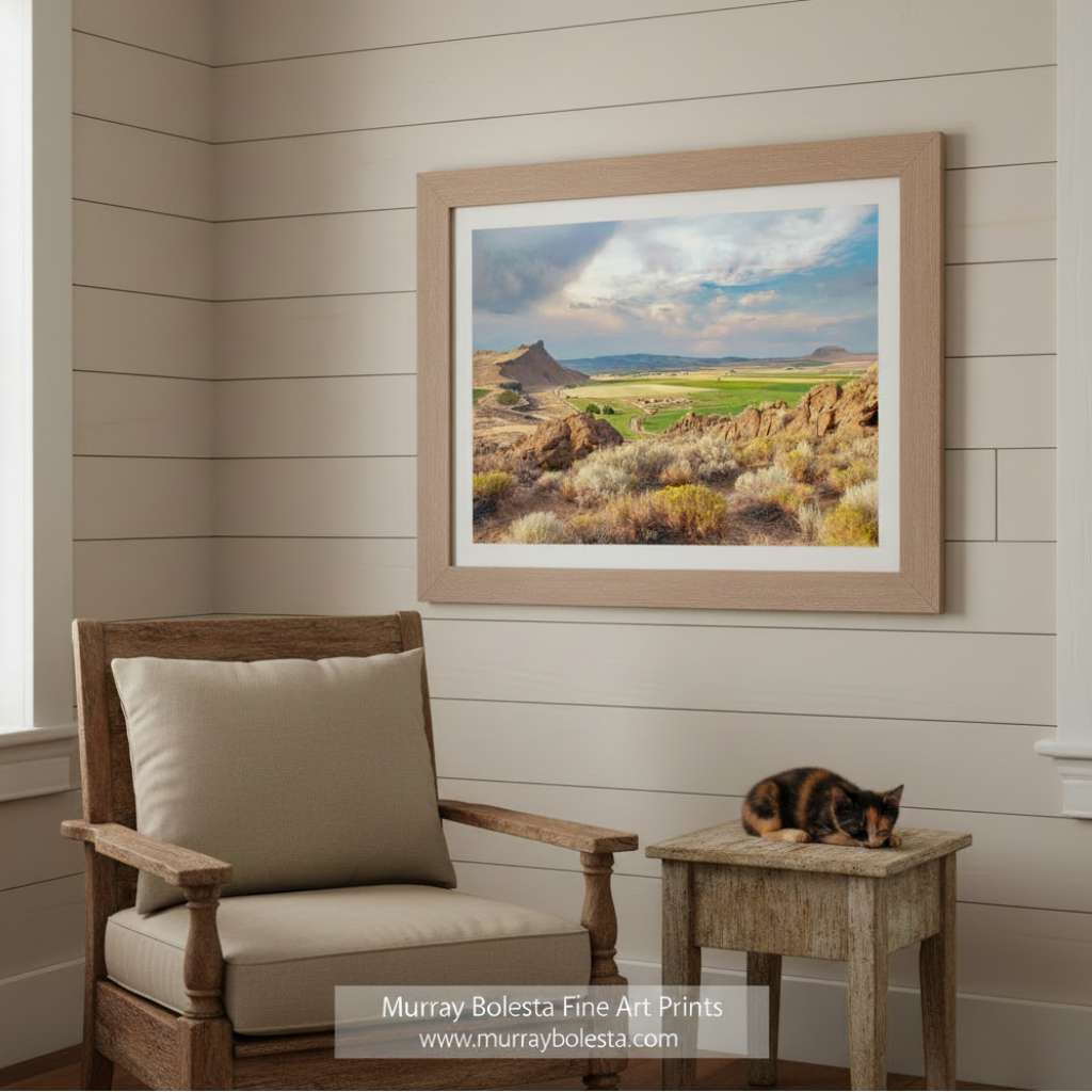 Scenic landscape with rocky outcrops, fields, and a cloudy sky. By Murray Bolesta