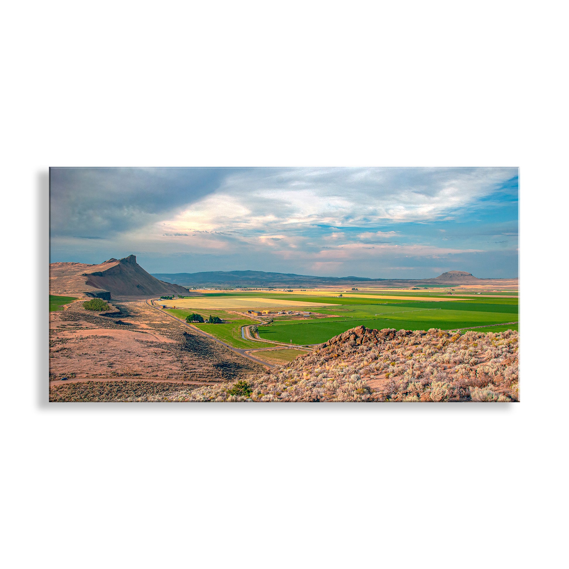 Scenic landscape with hills and fields under a cloudy sky. Western Farm Landscape Art Print in Panorama | Modoc County CA