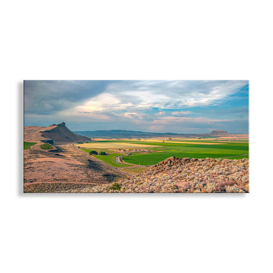 Scenic landscape with hills and fields under a cloudy sky. Western Farm Landscape Art Print in Panorama | Modoc County CA