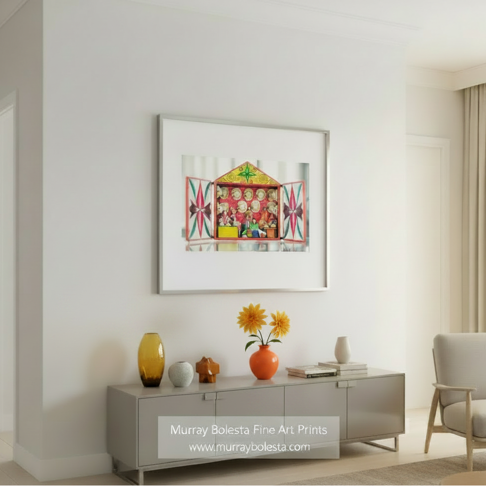 Colorful toy set with open doors showing figures and instruments on a white background. Peruvian Retablo Fine Art Print for Home or Office Decor by Murray Bolesta