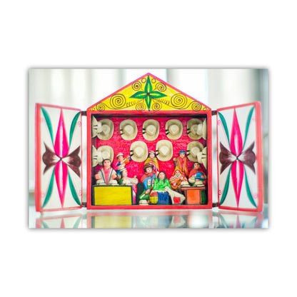 Colorful toy set with open doors showing figures and instruments on a white background. Peruvian Retablo Fine Art Print for Home or Office Decor