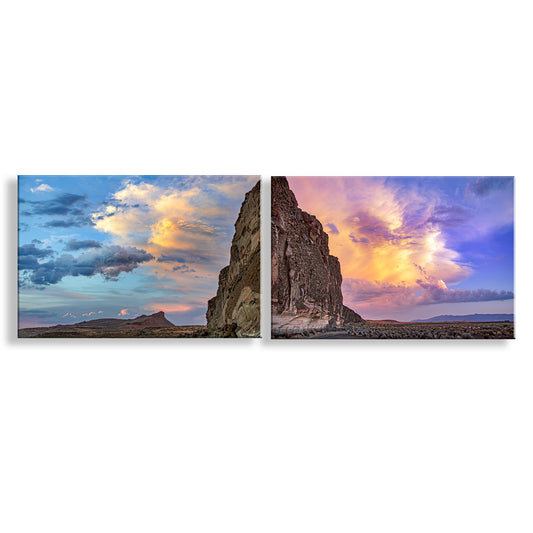 Two panoramic views of a desert landscape with rock formations and colorful skies. Western Sunset Landscape Art | Lava Beds California Diptych Set of 2 Pictures