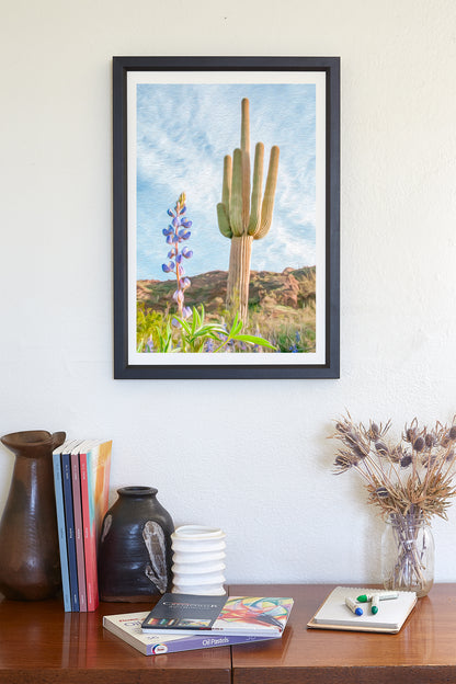 Picacho Peak Tucson Arizona Cactus Art Print with Spring Wildflowers