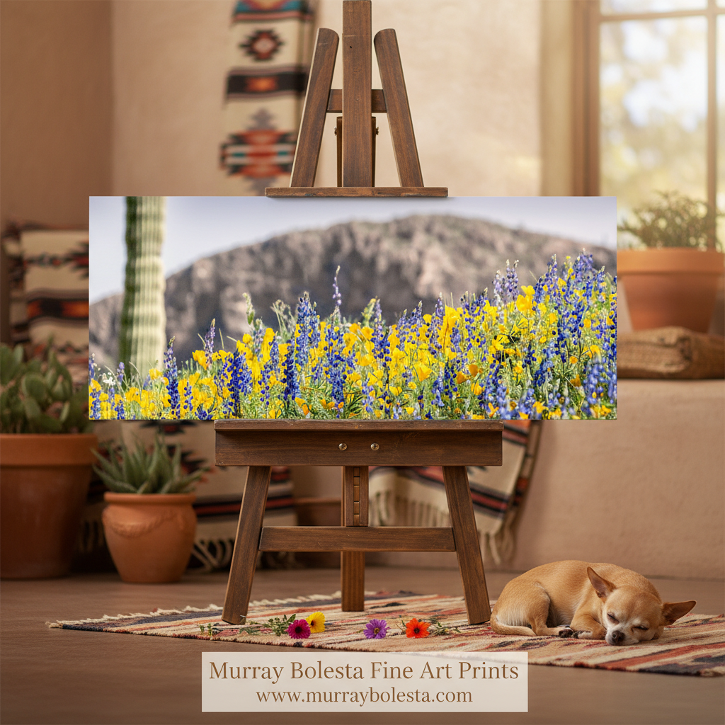 Panoramic view of desert landscape with cactus and wildflowers. Desert Wildflower Panoramic Print with Arizona Cactus Landscape by Murray Bolesta