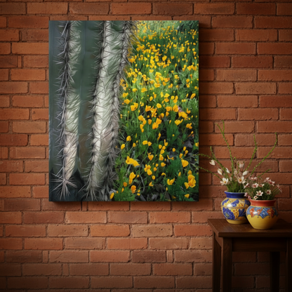 A vertical canvas wall art print depicting a close-up of a green saguaro cactus next to a field of bright yellow wildflowers, displayed on a red brick wall above a wooden side table with decorative vases. By Murray Bolesta