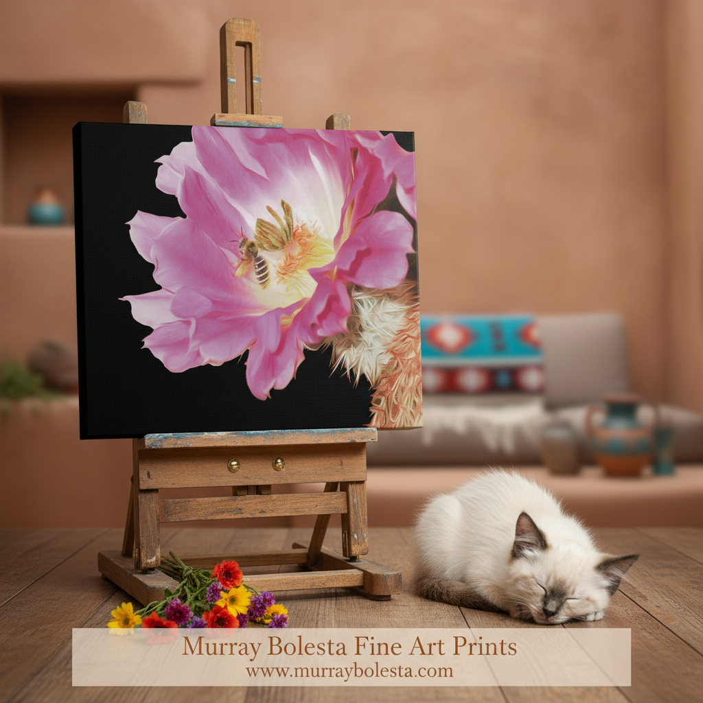 Pink flower with a bee on a black background. Bumble Bee and Arizona Cactus Flower Photograph | Southwest Art by Murray Bolesta