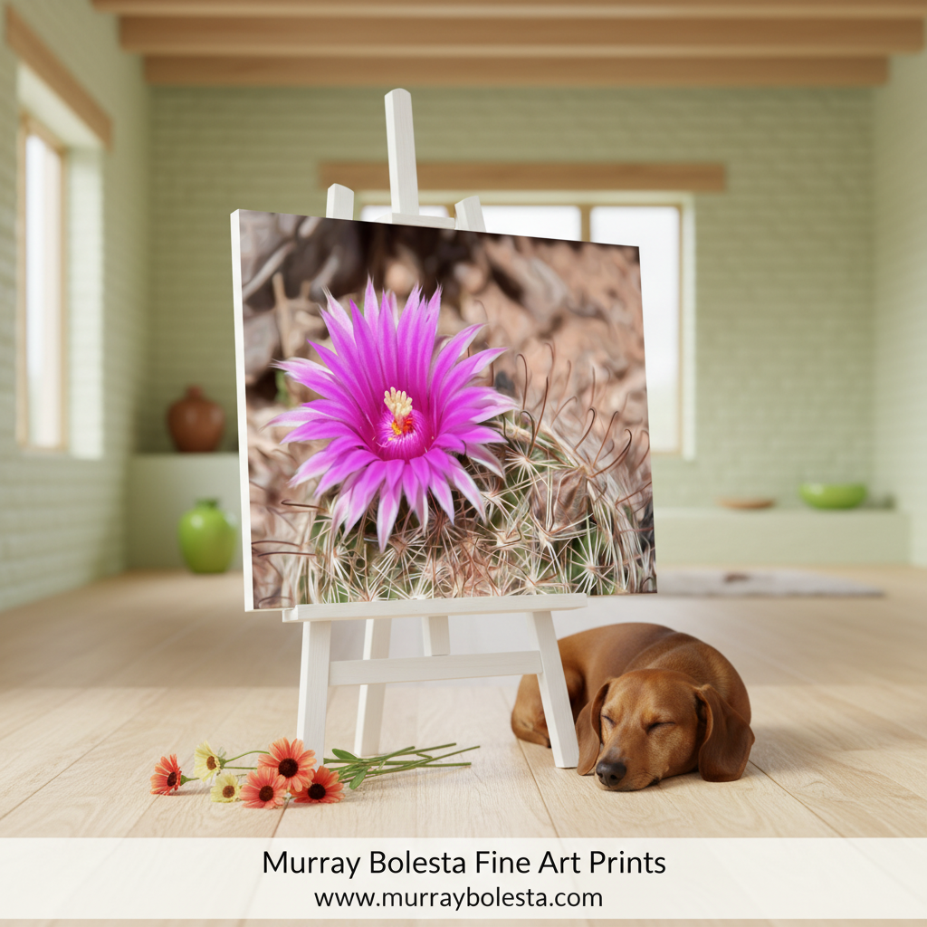 Close-up of a vibrant pink cactus flower with a blurred natural background. Cactus Flower Art with Tiny Desert Pincushion Cactus in Tucson Arizona by Murray Bolesta