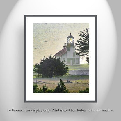 Mendocino California Lighthouse Art Print with Pacific Ocean Sunset at Point Cabrillo