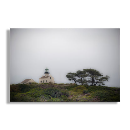 Lighthouse on a hill with trees under an overcast sky. My moody Point Loma San Diego art for your pleasure! Here's a foggy scene of Cabrillo National Monument in southern California, planet Earth, with the famous Point Loma Lighthouse. Original, unique signed art by Murray Bolesta.