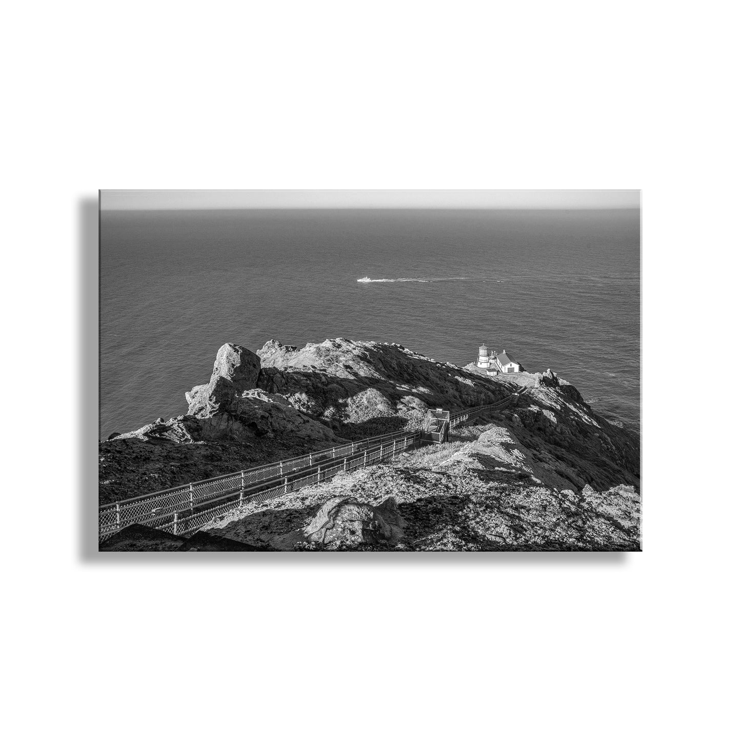 My dramatic Point Reyes lighthouse picture featuring the one and only Pacific Ocean! In the distance, a passing motor yacht intervenes.&nbsp;Original, unique signed art by Murray Bolesta.