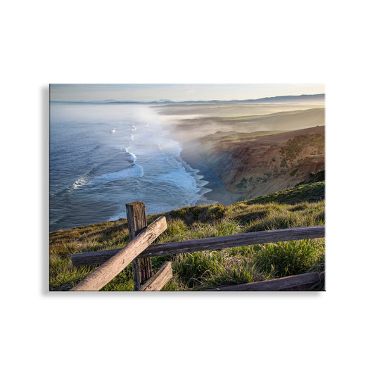 Scenic view of a coastal landscape with a wooden fence in the foreground. Point Reyes Seascape Art Print of California Coast