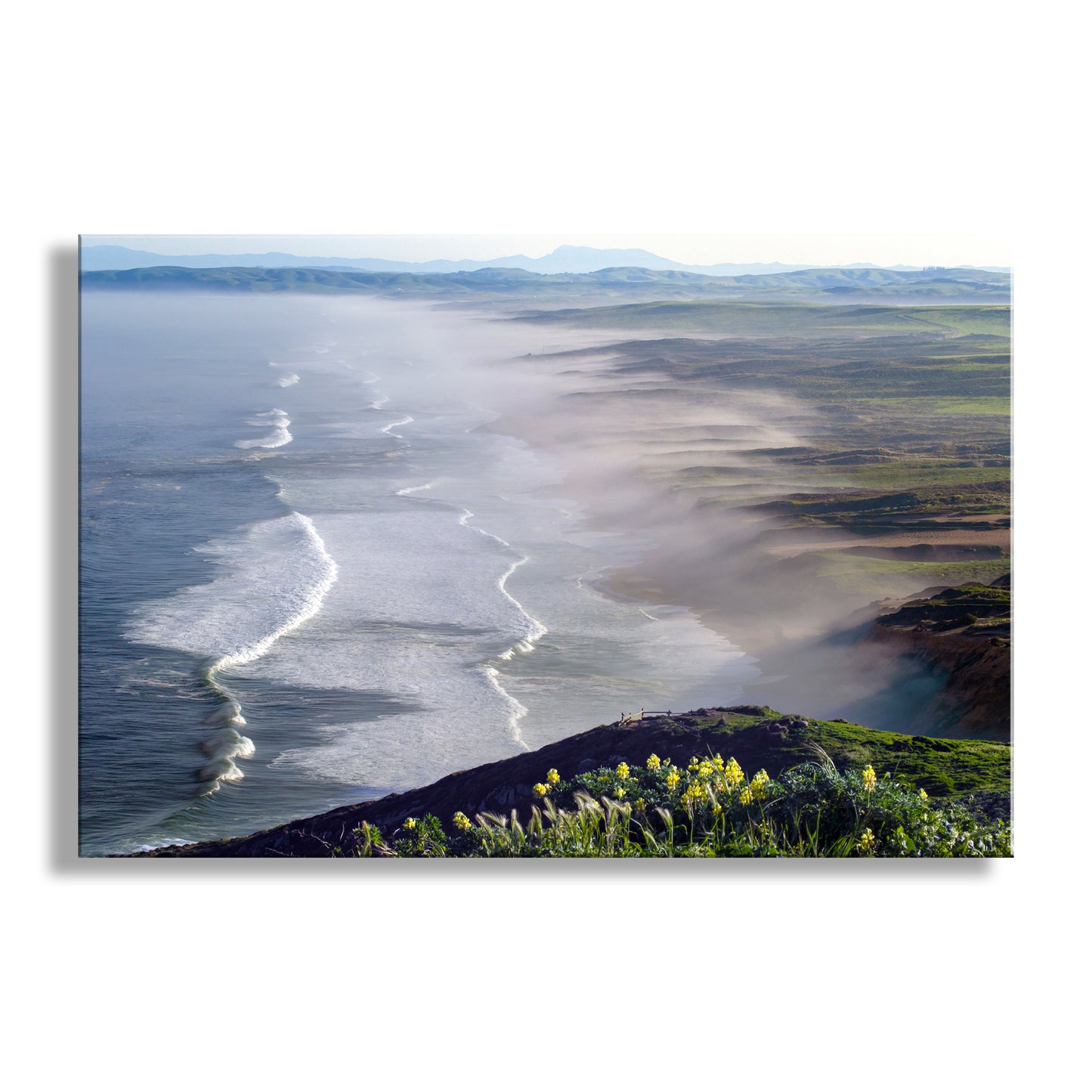 Landscape with a river flowing through a valley, surrounded by greenery and mountains. My phenomenal Point Reyes seascape for your walls! The Pacific seacoast sprawls forward from a hiking trail beyond the wildflowers. This scene was captured by me on a sublime spring morning! Original, uniqued signed art by Murray Bolesta.