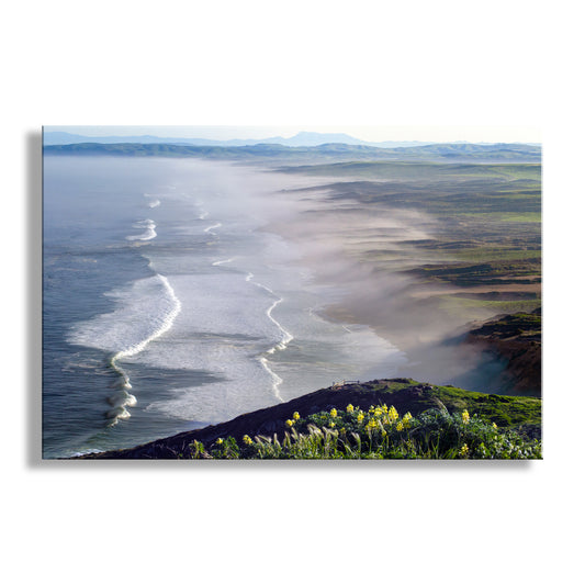 Landscape with a river flowing through a valley, surrounded by greenery and mountains. My phenomenal Point Reyes seascape for your walls! The Pacific seacoast sprawls forward from a hiking trail beyond the wildflowers. This scene was captured by me on a sublime spring morning! Original, uniqued signed art by Murray Bolesta.