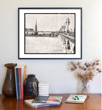 Bordeaux France Pont de Pierre Bridge Wall Art in Vintage Style