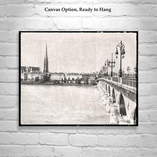 Bordeaux France Pont de Pierre Bridge Wall Art in Vintage Style