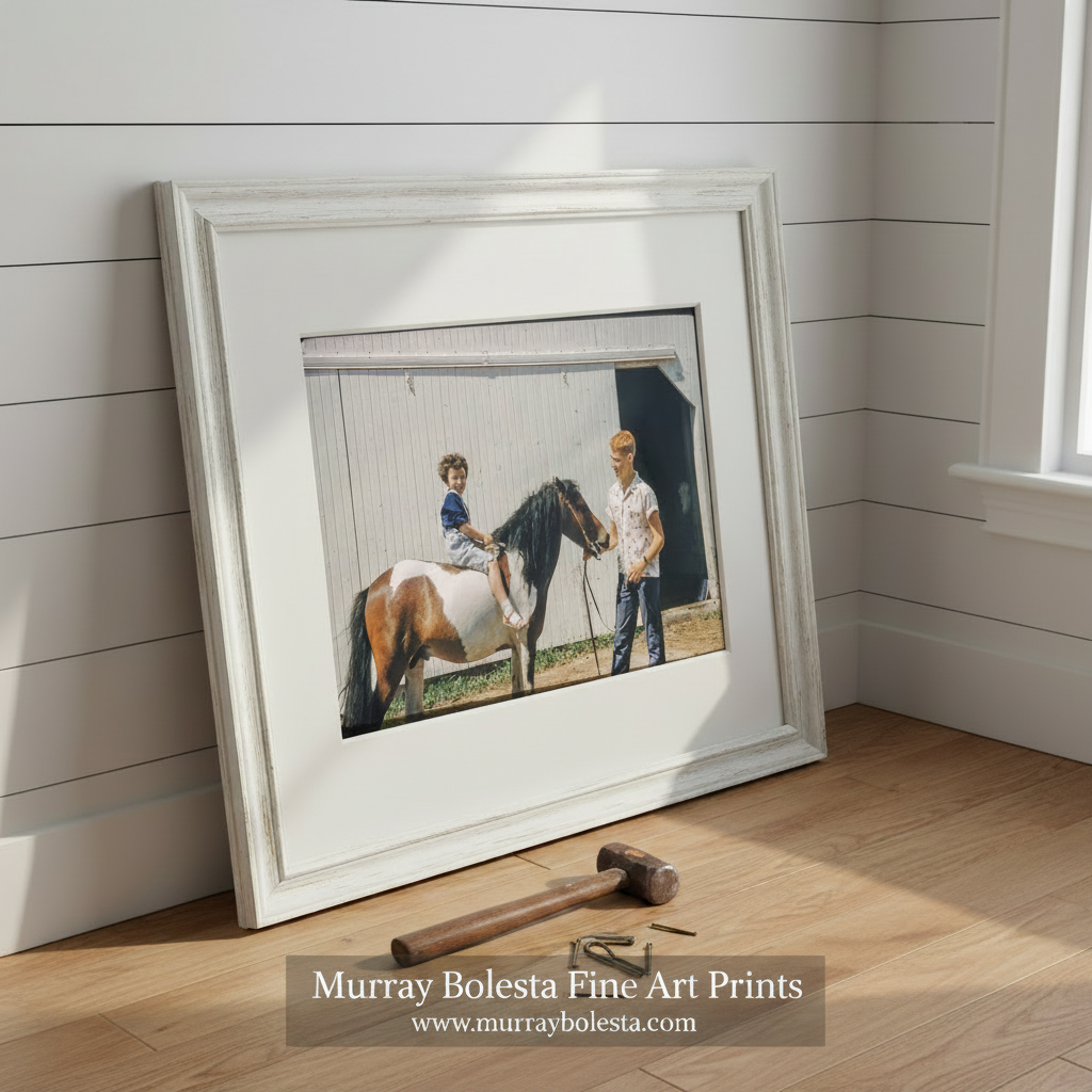 Two children with a pony in front of a barn. Vintage Farm Picture with Horse Pony and Barn in Iowa as Mid Century Wall Art from American Heartland by Murray Bolesta