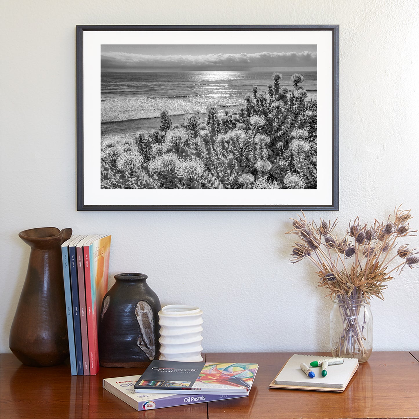 Encinitas California Ocean Art in Black & White with Protea Flowers