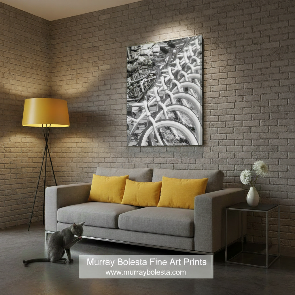 Stack of white bicycles with a black and white pattern. Bicycle Wall Art Print in Black and White with Vintage Bikes by Murray Bolesta