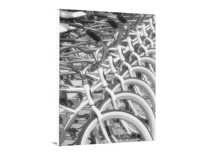 Stack of white bicycles with a black and white pattern. Bicycle Wall Art Print in Black and White with Vintage Bikes