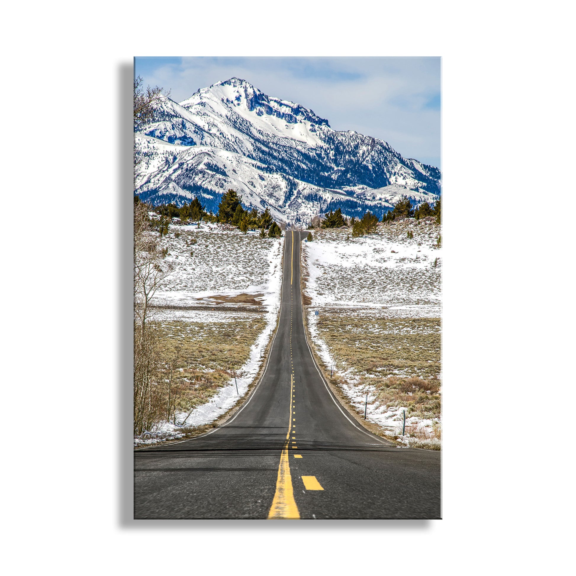 Beautiful great American road trip art: the mighty California Sierra Nevada Mountains in winter and a splendid lonely highway in Alpine County south of Tahoe! Original, unique signed art by Murray Bolesta.