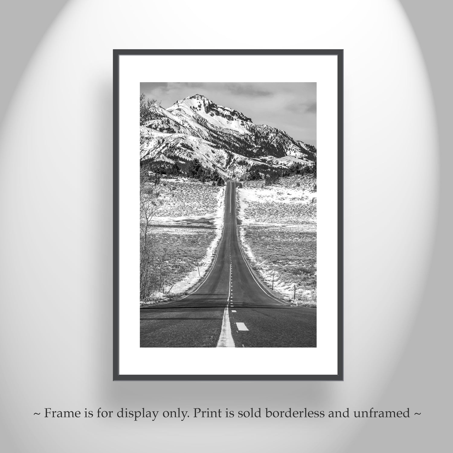 Beautiful black &amp; white American road trip art: the mighty California Sierra Nevada Mountains in winter and a splendid lonely highway in Alpine County south of Tahoe! Original, unique signed art by Murray Bolesta.