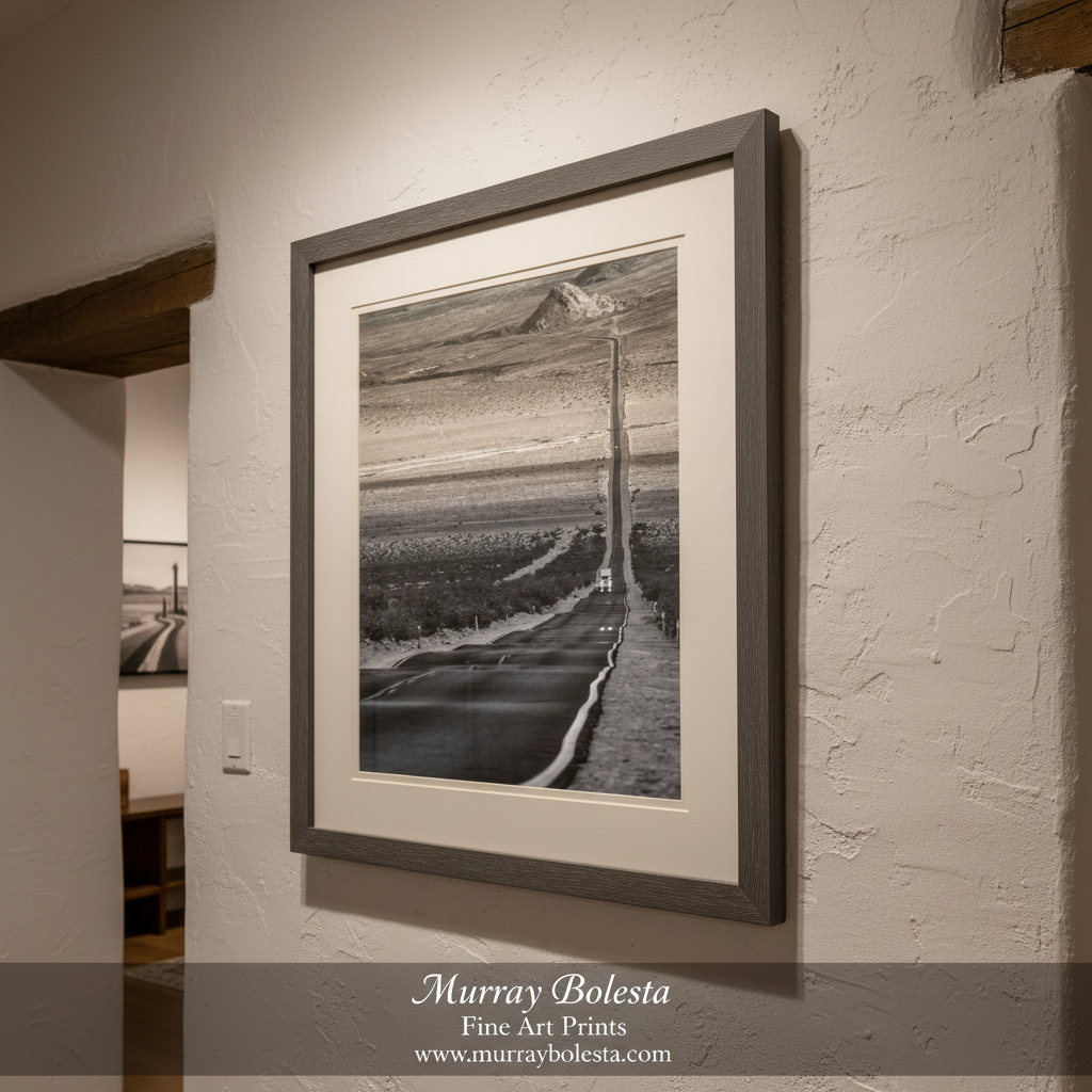 A long, straight road stretches into the distance, disappearing into the horizon. Mojave Desert Road Trip Art - Southern California Landscape Print by Murray Bolesta