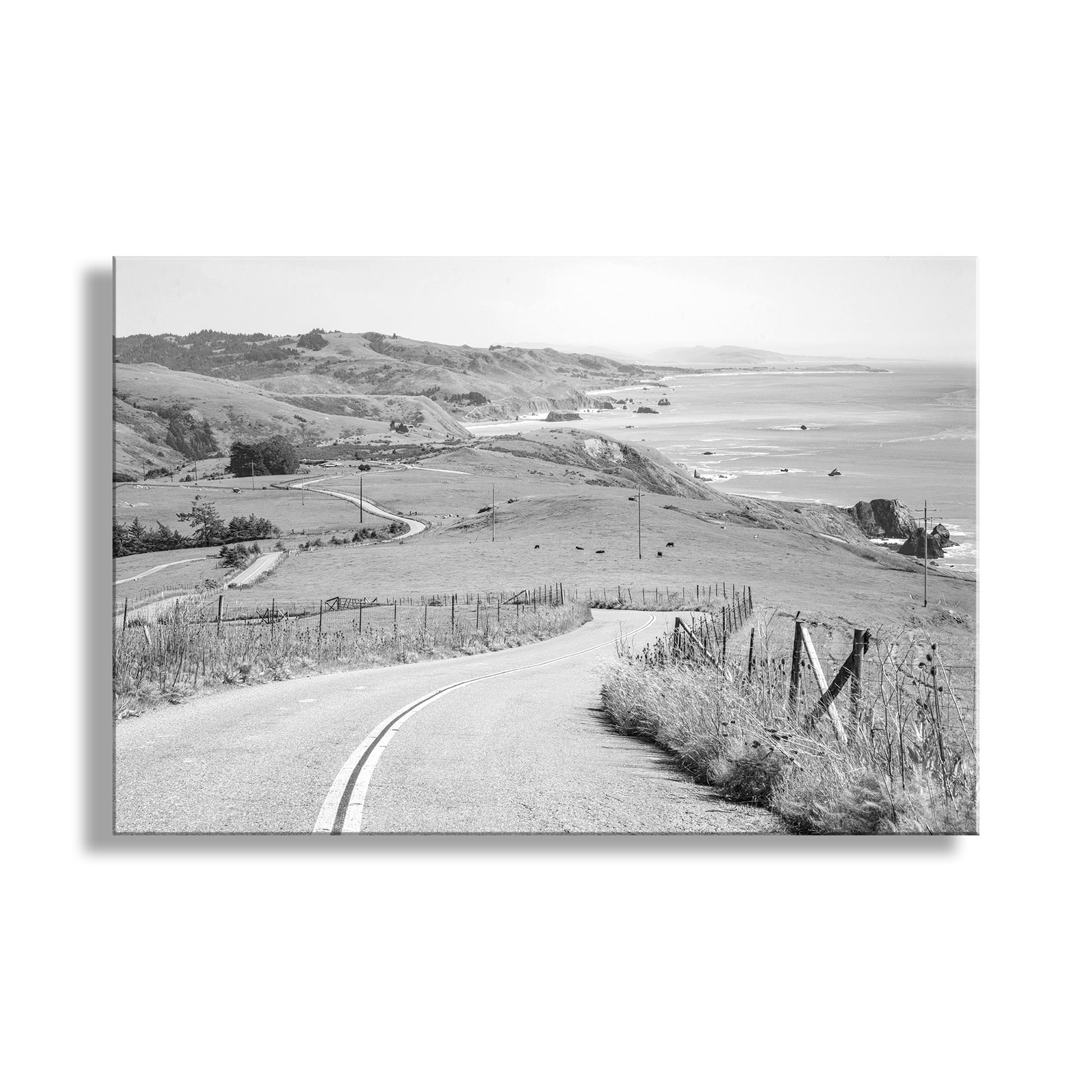 Black and white landscape of a winding road through a rural area with hills and fields. My marvelous Mendocino California road trip art for your walls in black &amp; white: sublime coastal driving! I captured this image north of Bodega Bay, planet Earth. Original, unique signed art by Murray Bolesta!
