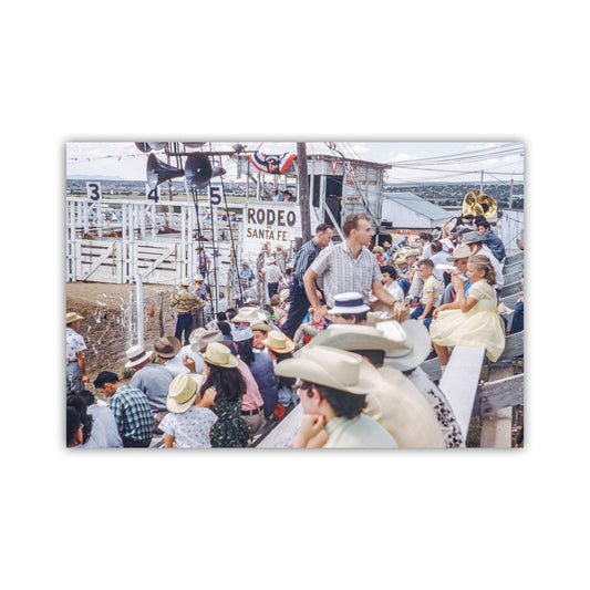 Vintage-style photo of a crowd at a rodeo event with 'Rodeo Santa Fe' branding. Vintage Rodeo Photo at Santa Fe New Mexico at Mid-centuryVintage Rodeo Photo at Santa Fe New Mexico at Mid-century