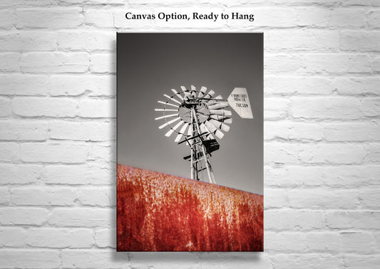 Vintage Ranch Windmill with Rusty Stock Tank as Southern Arizona Wall Decor