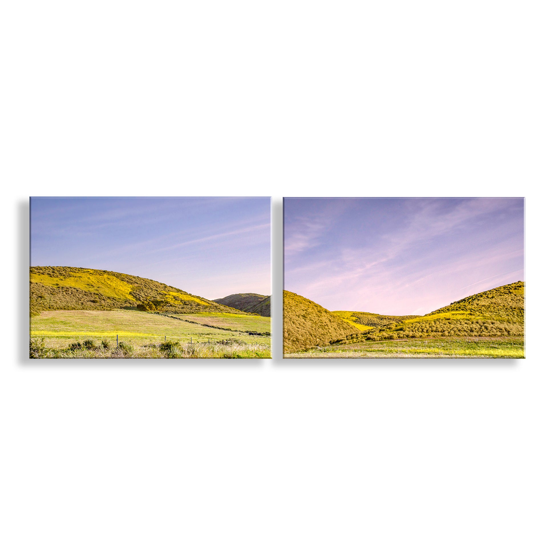 Two panoramic landscape images of a hilly field with a clear sky. My captivating California rolling hills landscape art prints as a set of two sold together. This is precious central California spring landscape in Santa Barbara County near Jalama Beach and Lompoc. Original, unique signed art by Murray Bolesta.