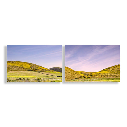 Two panoramic landscape images of a hilly field with a clear sky. My captivating California rolling hills landscape art prints as a set of two sold together. This is precious central California spring landscape in Santa Barbara County near Jalama Beach and Lompoc. Original, unique signed art by Murray Bolesta.