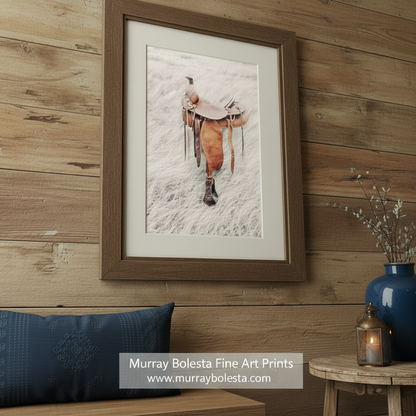 Horse saddle with a textured background. Western Saddle Equestrian Horse Art Print as Surreal Art Photograph by Murray Bolesta