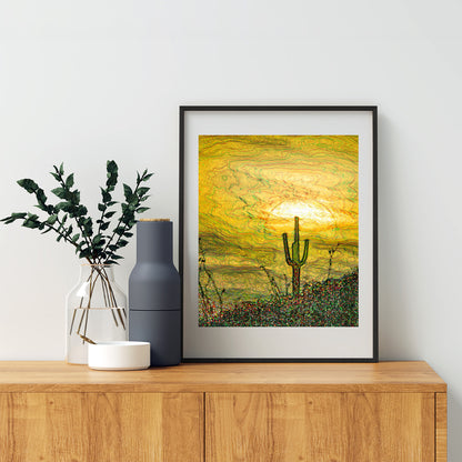 Cactus Art Southwestern Wall Decor with Psychedelic Desert Sunset