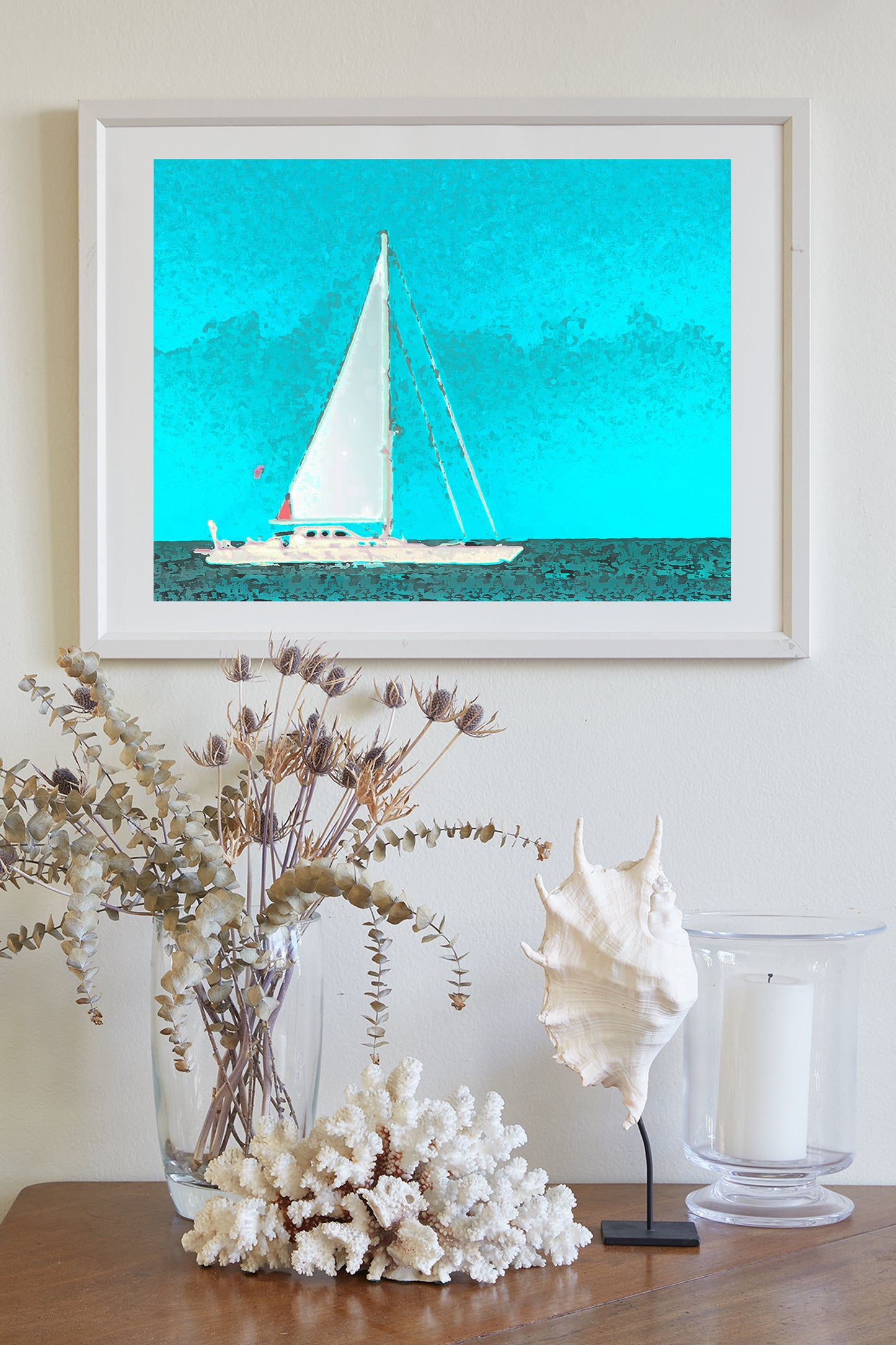 Sailboat Art at Block Island | Atlantic Ocean Sailing | Pastel Blue