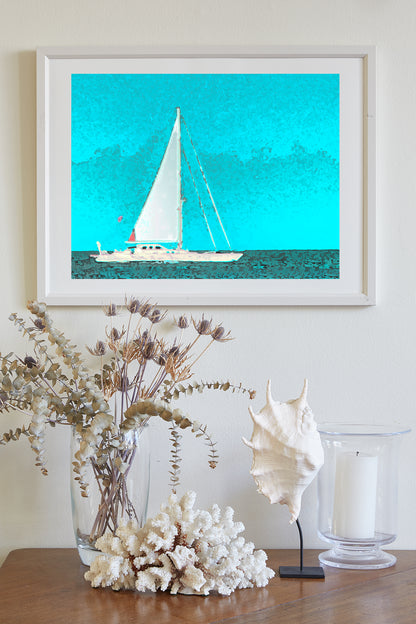 Sailboat Art at Block Island | Atlantic Ocean Sailing | Pastel Blue