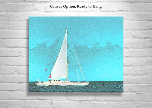 Sailboat Art at Block Island | Atlantic Ocean Sailing | Pastel Blue