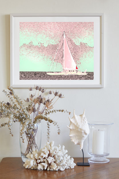 Sailing Wall Decor in Pink with Atlantic Ocean Sailboat at Block Island