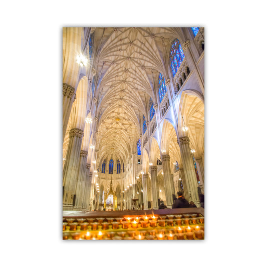 Interior of a cathedral with high vaulted ceilings and stained glass windows. St Patricks Cathedral Church Interior Print | New York City Art Gift