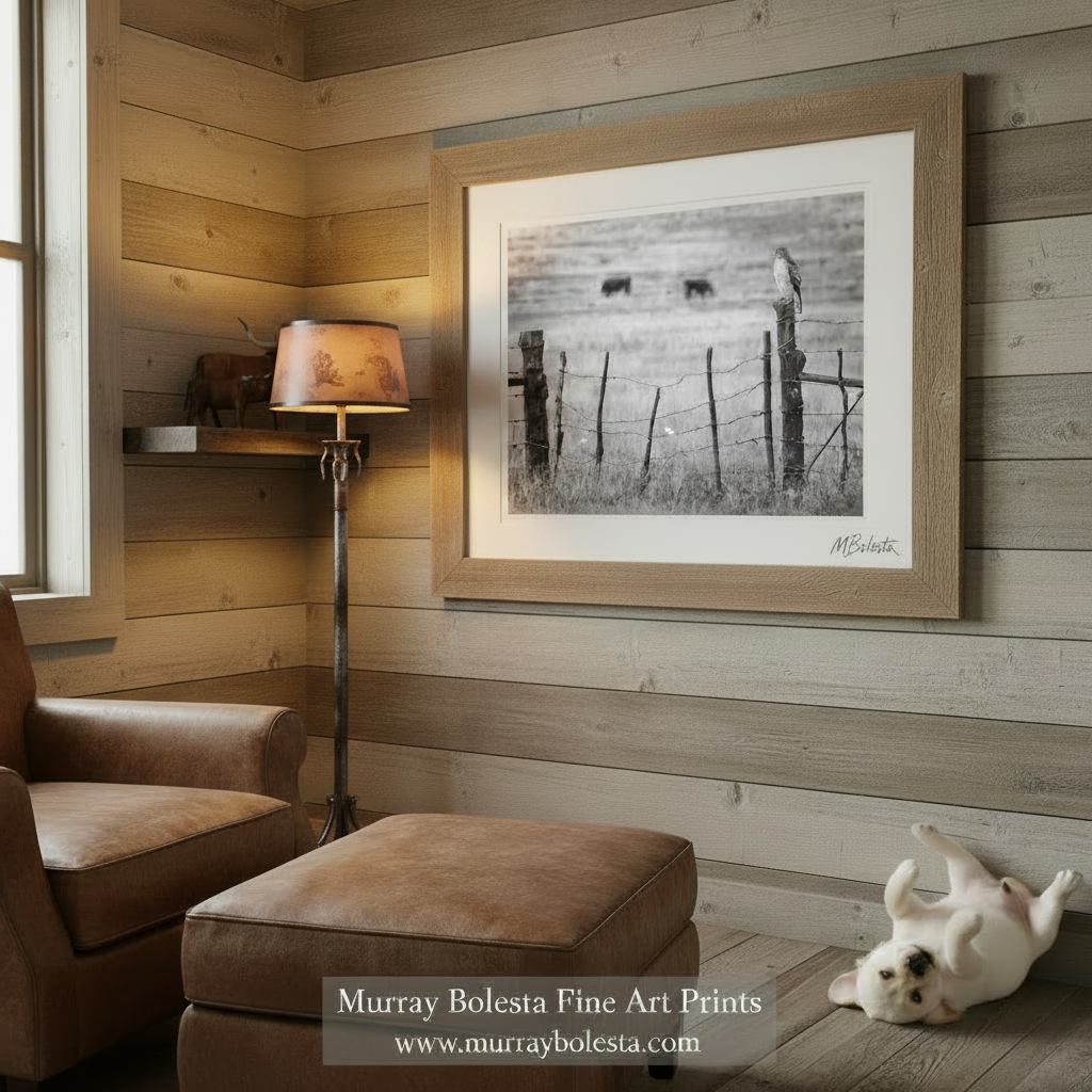 A black and white image depicting a bird perched on a wooden fence post, with a field of cows grazing in the background. Hawk on Ranch Fence | Black & White Western Bird Wall Art Print by Murray Bolesta