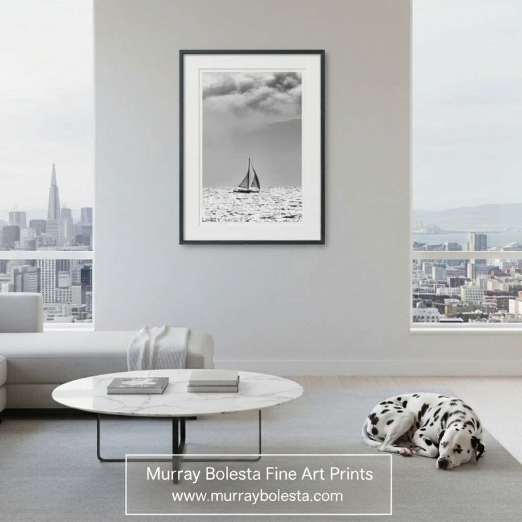 A framed black and white fine art print of a sailboat on water, displayed on a light gray wall in a modern living room with a gray sectional sofa, white coffee table, and a Dalmatian sleeping on the rug. The print is branded with 'Murray Bolesta Fine Art Prints' at the bottom. Sailing art San Francisco Bay!
