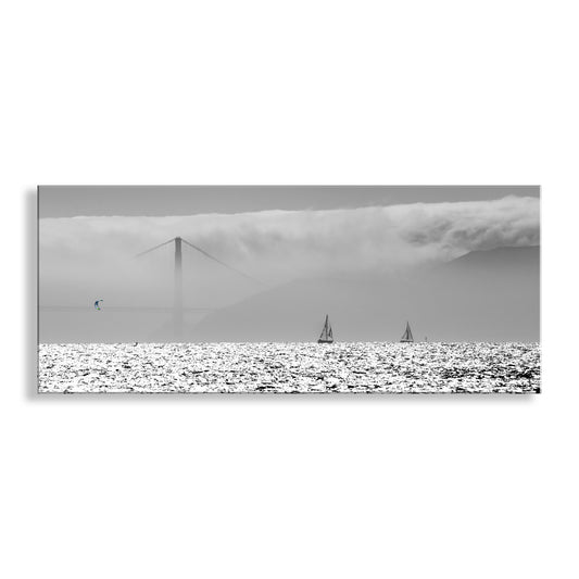 Panoramic black and white landscape with a bridge and sailboats on water. San Francisco Bay Kitesurfing Art Print Panorama in Black & White