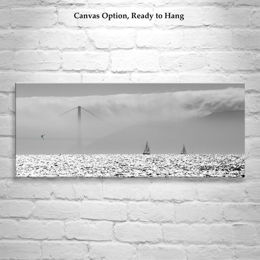 San Francisco Bay Kitesurfing Art Print Panorama in Black & White