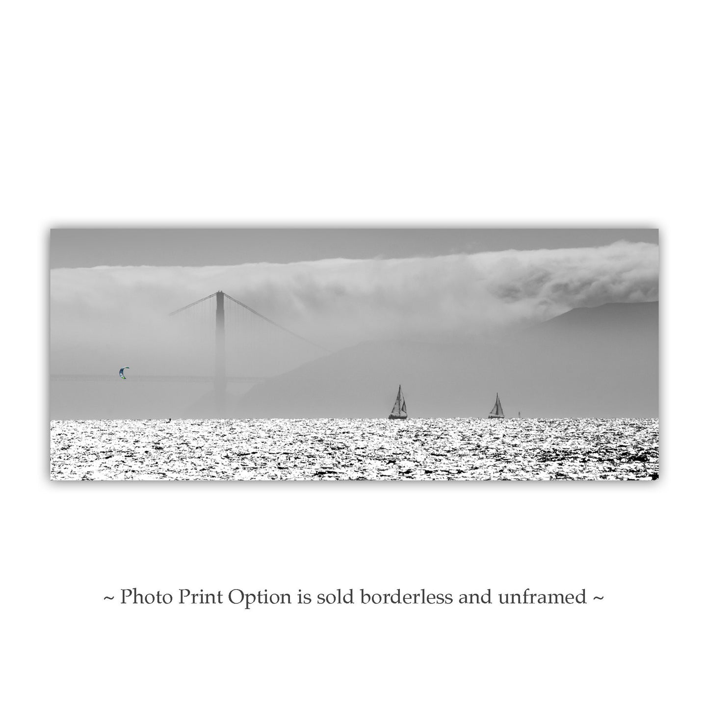 San Francisco Bay Kitesurfing Art Print Panorama in Black & White