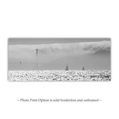 San Francisco Bay Kitesurfing Art Print Panorama in Black & White