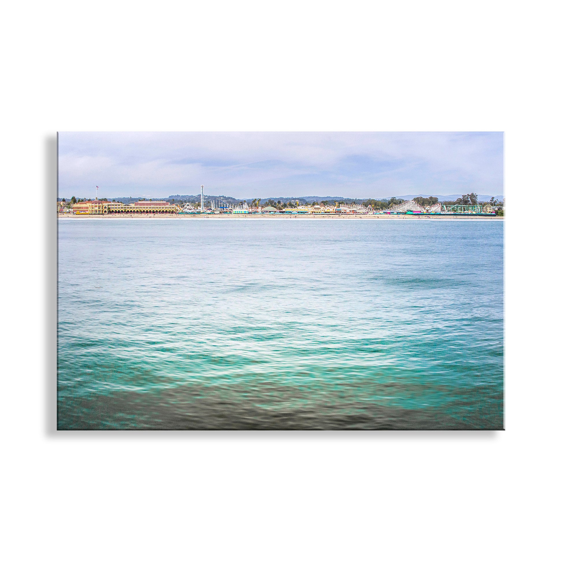 Calm body of water with a distant shoreline and sky. Santa Cruz Beach Boardwalk Painterly Art Print | Monterey Bay California