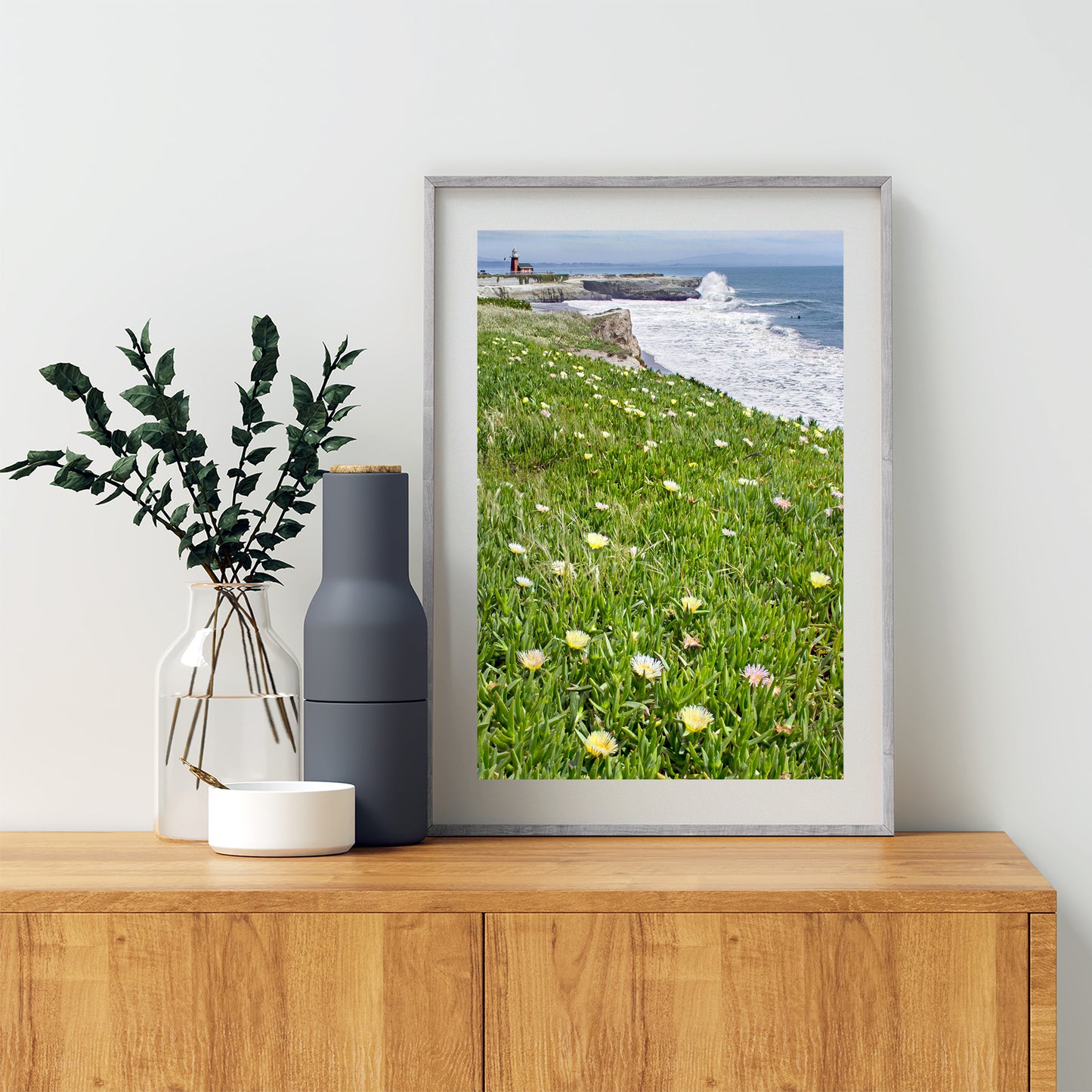 Santa Cruz California Lighthouse Art Print with Beach Wildflowers