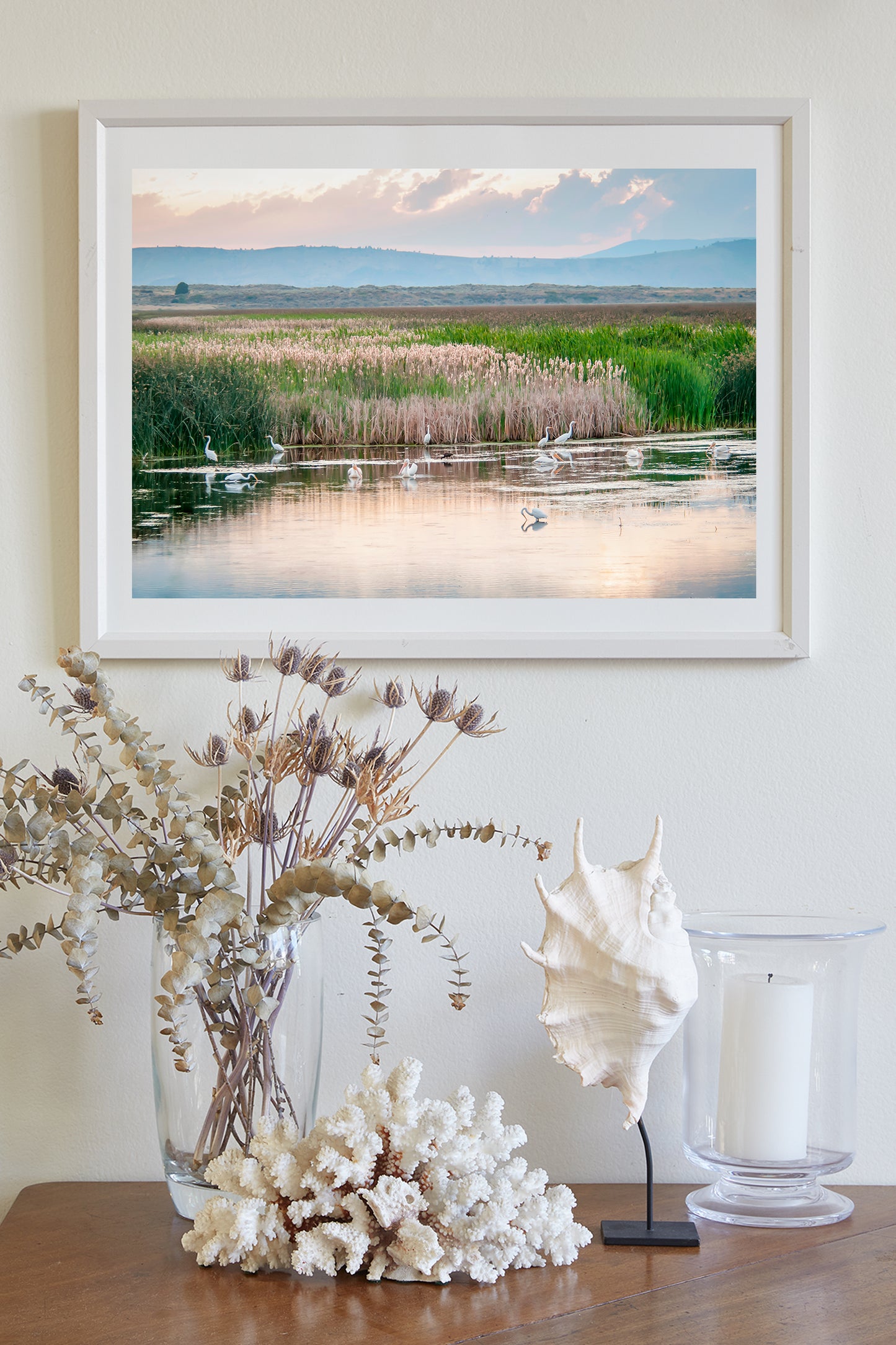 Waterbird Art Print with Pelicans and Egrets in Wetlands Landscape