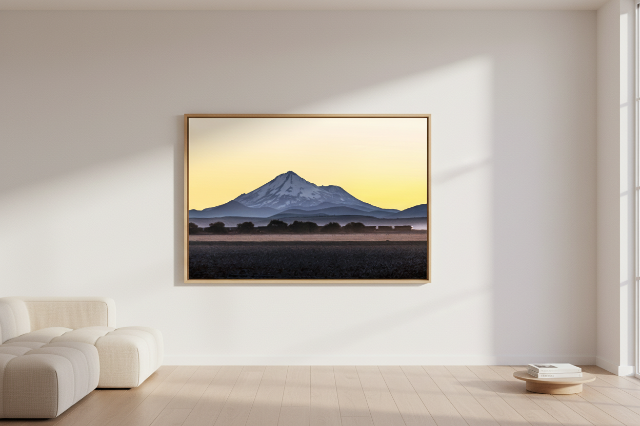Mt Shasta Landscape Photograph with Train in Siskiyou County California at Sunset